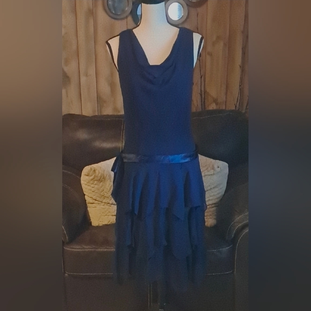 Liz Claiborne Ruffle Tiered Blue Bow Waist Flounce Lined Draped Neck Dress